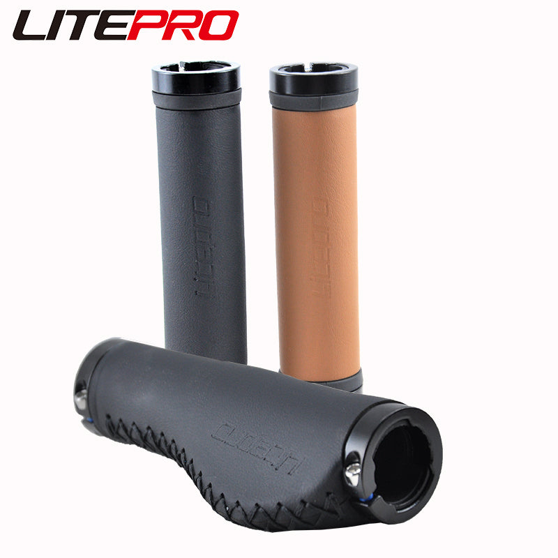 Litepro Leather Handlebar Grips – PU Leather + Aluminum Ends, 22.2mm, Brown/Black (136g/198g per Pair)