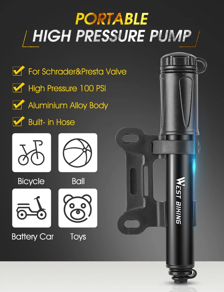 Mini Bike Pump - 100PSI, Aluminum Alloy, Fits Schrader/Presta Valves for MTB/Road Bikes