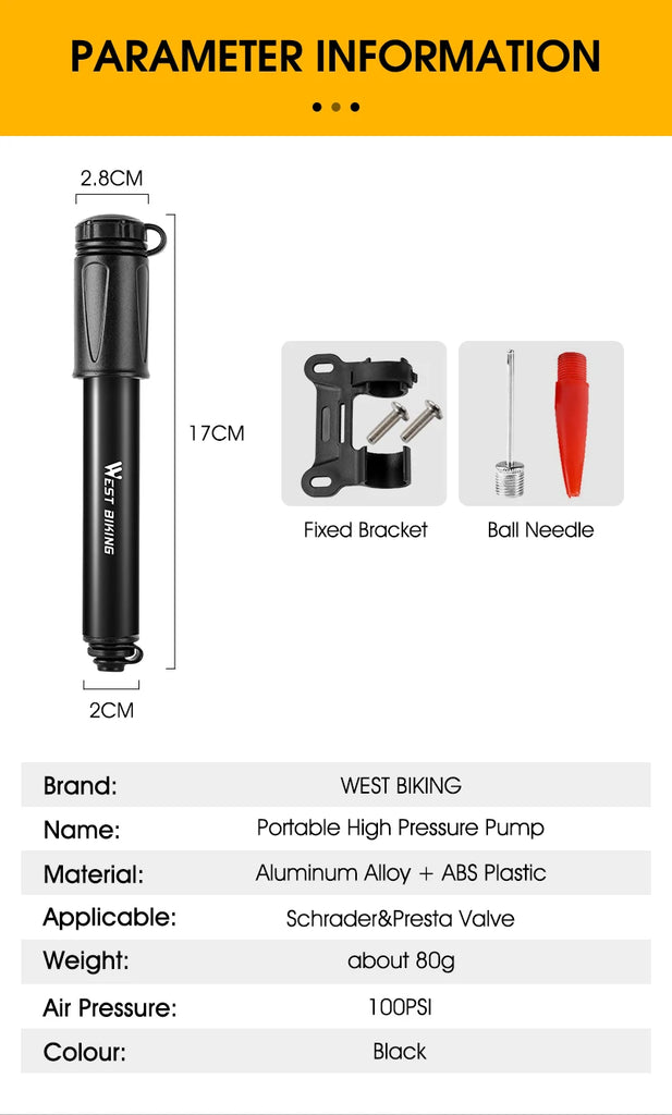 Mini Bike Pump - 100PSI, Aluminum Alloy, Fits Schrader/Presta Valves for MTB/Road Bikes