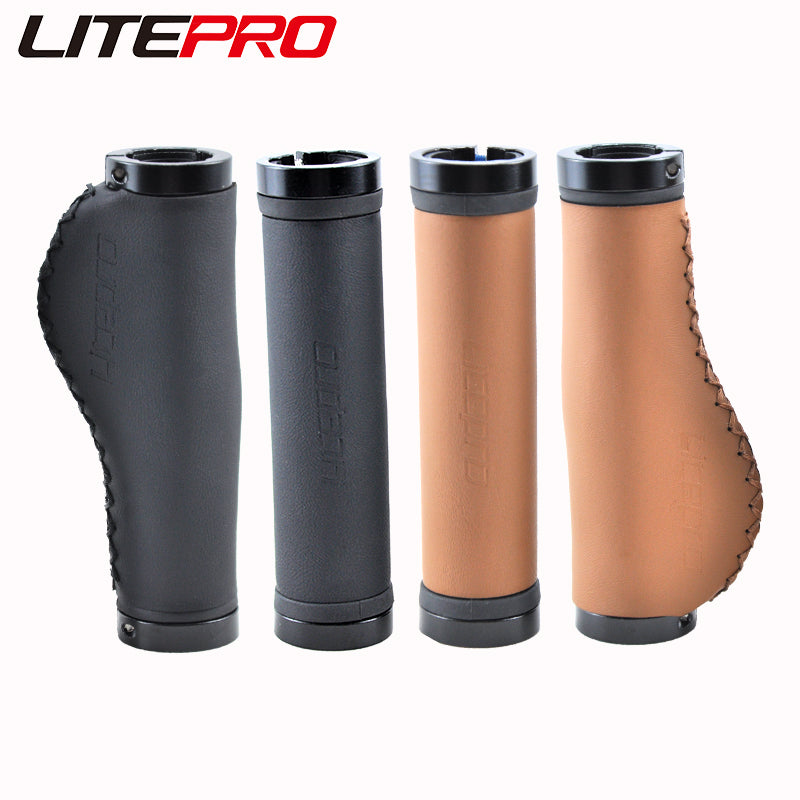 Litepro Leather Handlebar Grips – PU Leather + Aluminum Ends, 22.2mm, Brown/Black (136g/198g per Pair)