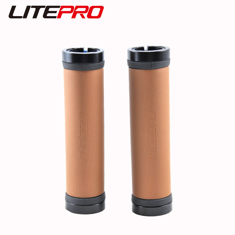Litepro Leather Handlebar Grips – PU Leather + Aluminum Ends, 22.2mm, Brown/Black (136g/198g per Pair)