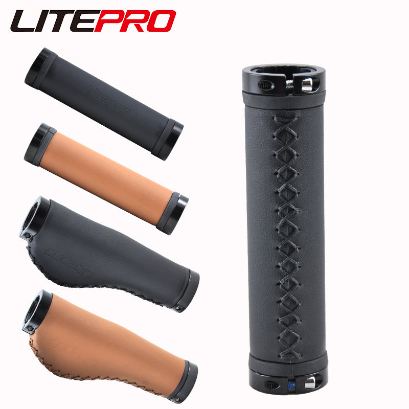 Litepro Leather Handlebar Grips – PU Leather + Aluminum Ends, 22.2mm, Brown/Black (136g/198g per Pair)