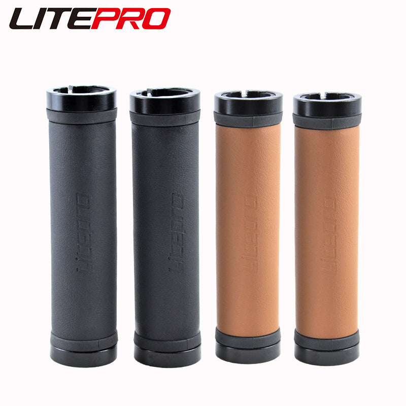 Litepro Leather Handlebar Grips – PU Leather + Aluminum Ends, 22.2mm, Brown/Black (136g/198g per Pair)