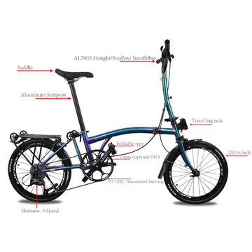 Litepro R9 16Inch External 9 Speed Trifold Folding Bicycle Straight M Handlebar Steel Frame