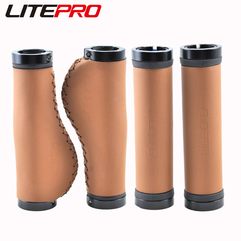 Litepro Leather Handlebar Grips – PU Leather + Aluminum Ends, 22.2mm, Brown/Black (136g/198g per Pair)
