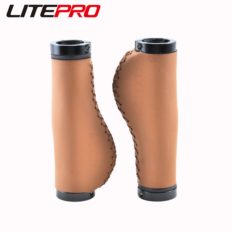 Litepro Leather Handlebar Grips – PU Leather + Aluminum Ends, 22.2mm, Brown/Black (136g/198g per Pair)