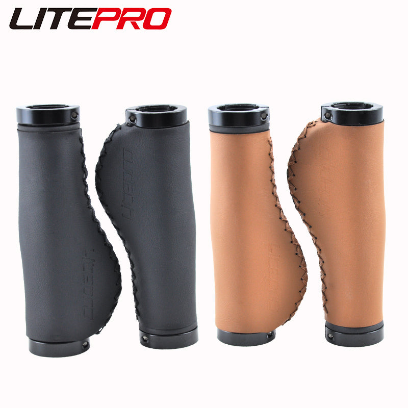 Litepro Leather Handlebar Grips – PU Leather + Aluminum Ends, 22.2mm, Brown/Black (136g/198g per Pair)